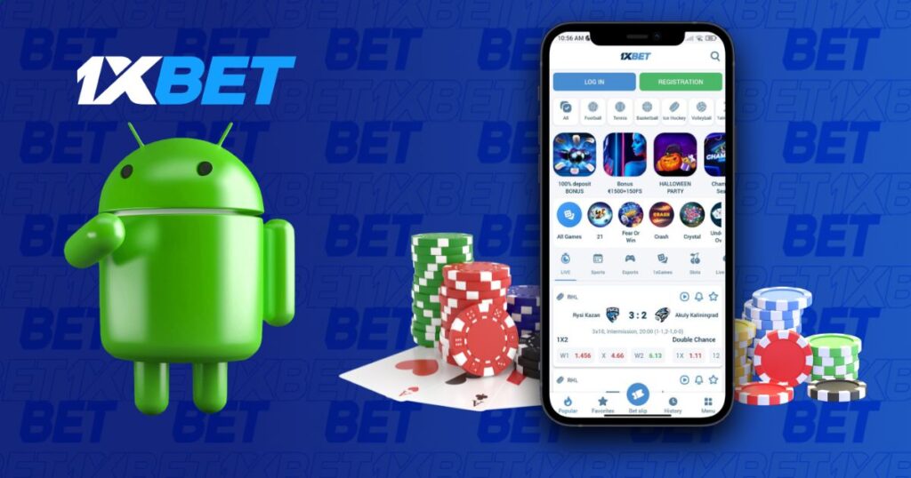 1xBet Android app with a smartphone and casino chips